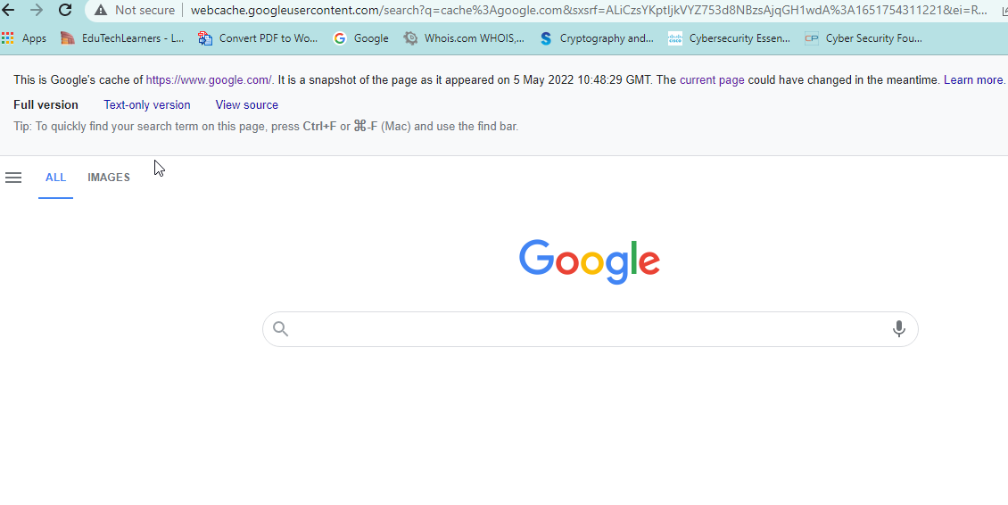 web page that Google has in its cache
