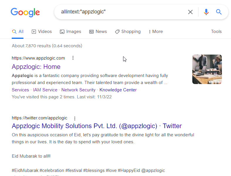 using allintext for searching keyword